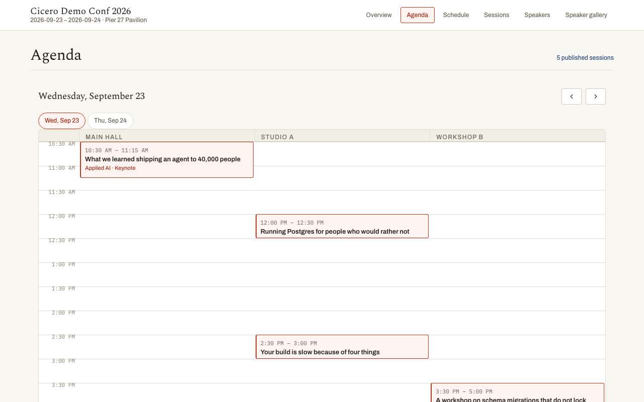 A public Cicero conference agenda laid out by time and room